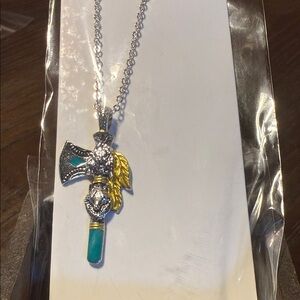 Silver and Turquoise Axe Pendant Necklace with Gold Accents